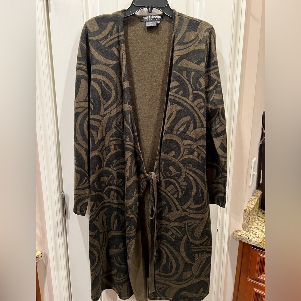 Nina Leonard Olive Green Black Tie Front Cardigan Sweater Sz M